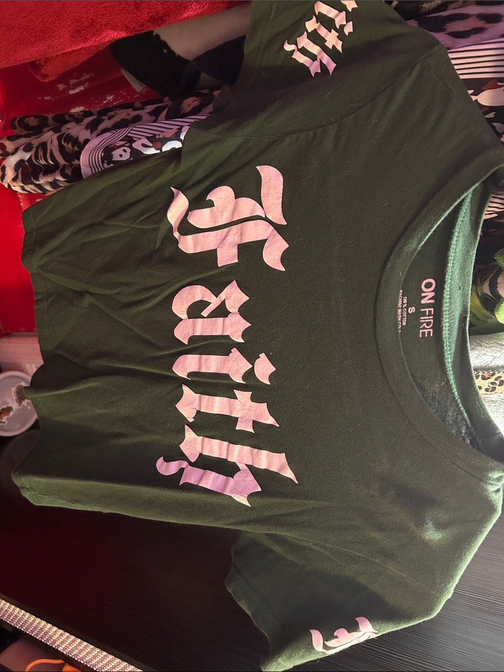 On Fire junior Dark Green 'Spirit' Graphic Tee - Pink Print